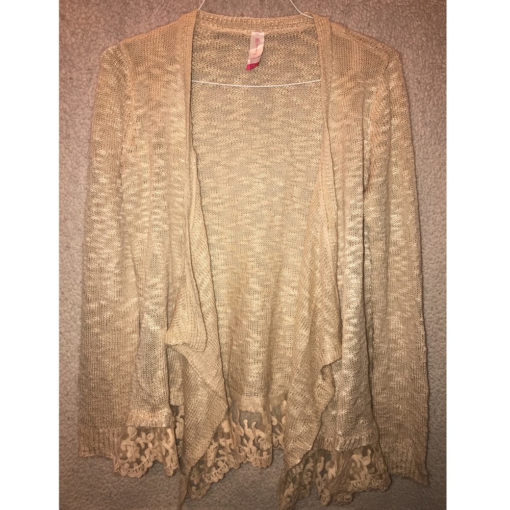 Dark beige cardigan with lace details at bottom